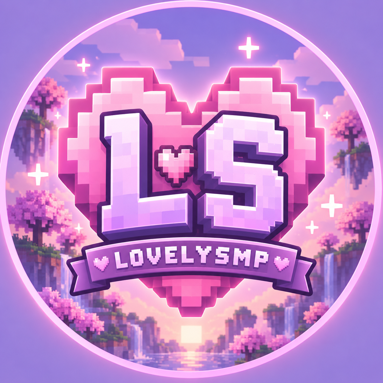 LovelySMP pixel-art logo with a pink heart in a Minecraft landscape